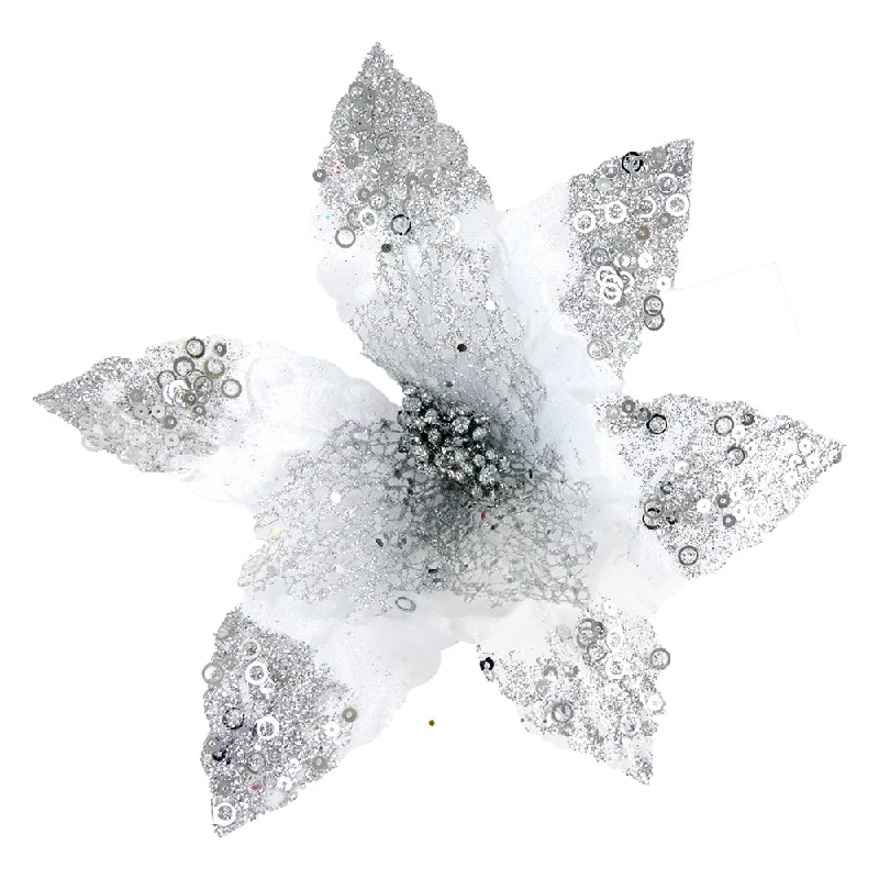 Christmas Day Christmas Clip On Poinsettia, Glitter Petals- White