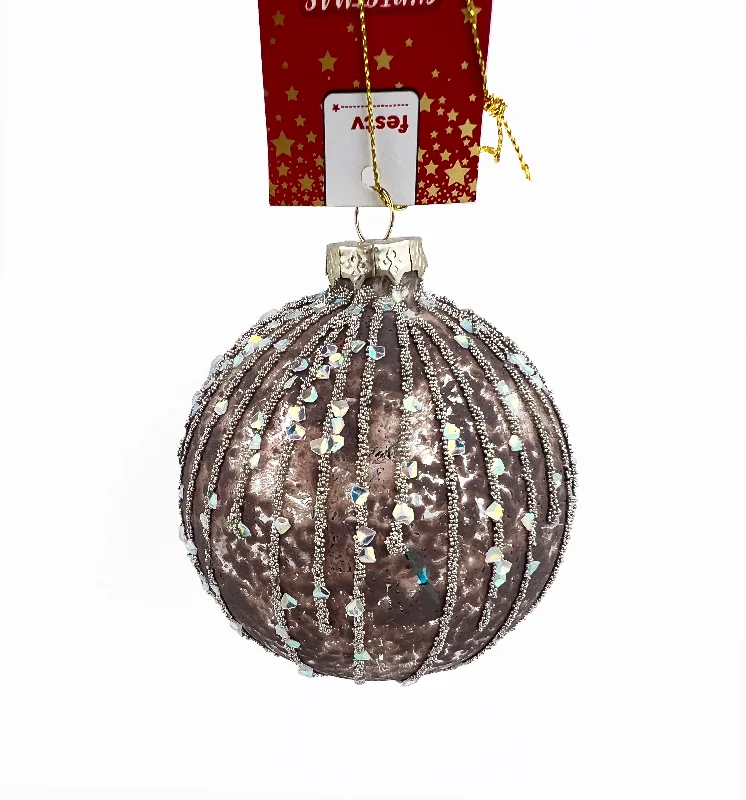 Snowy Christmas Christmas Glass Bauble, Pink Silver Drizzle- 8cm
